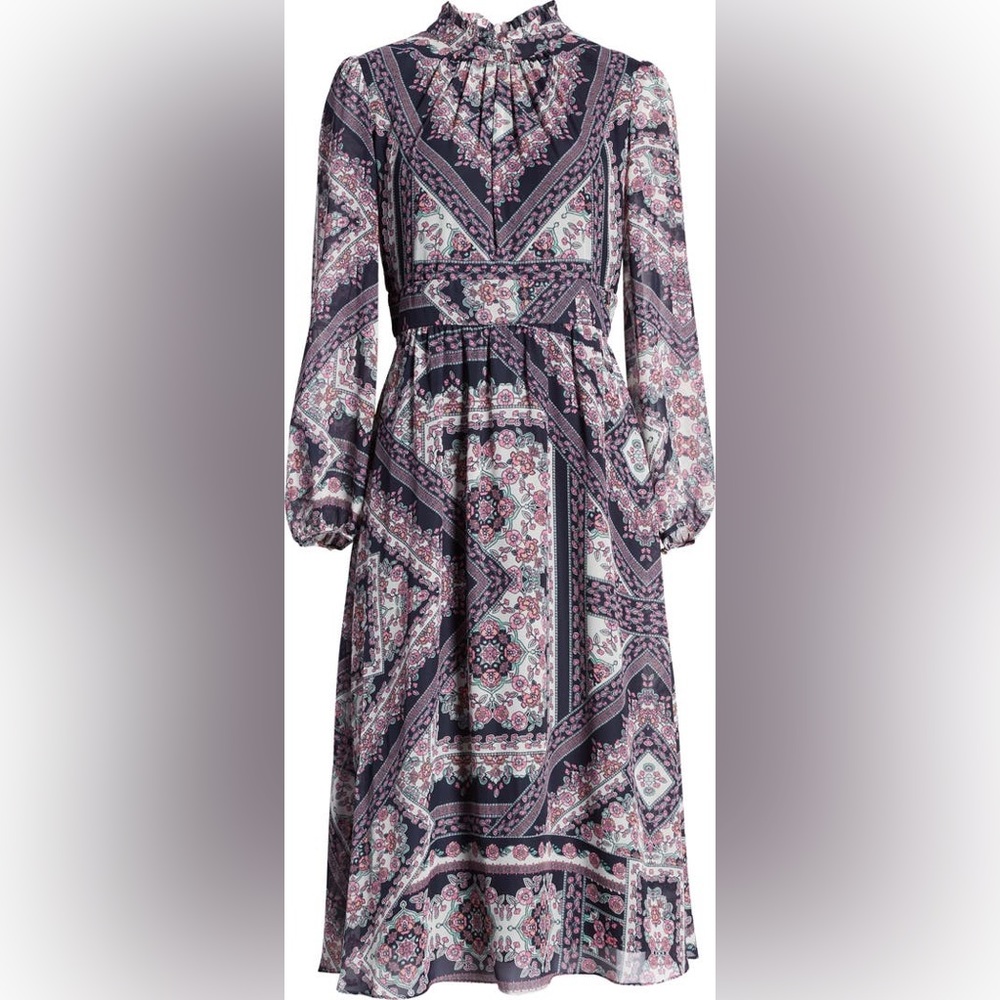 NWT Julia Jordan Tile Print Mock Neck Long Sleeve Midi Dress, Size 6